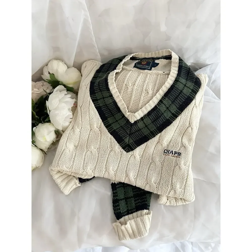 VTG Ralph Lauren CHAPS Large HANDFRAME Cream V Neck Cable Knit Sweater Preppy